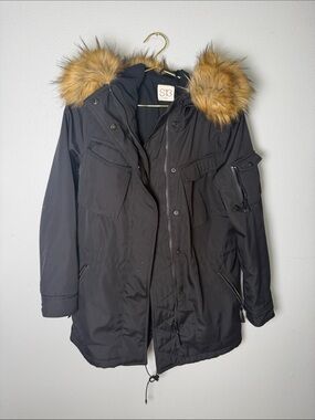 S13 NYC Field Jacket Women’s Small Anorak Cotton Lined Parka Faux Fur Hood Black